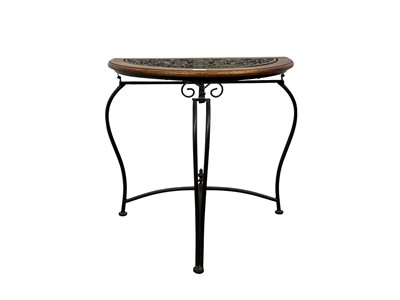 Lot 238 - WROUGHT IRON AND HARDWOOD DEMI LUNE TABLE