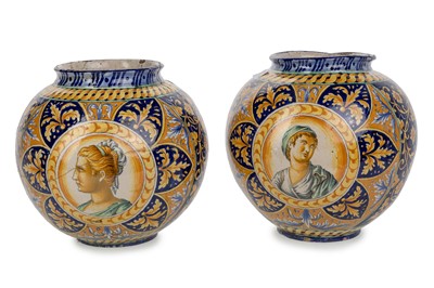 Lot 1265 - NEAR PAIR OF MAJOLICA VASES