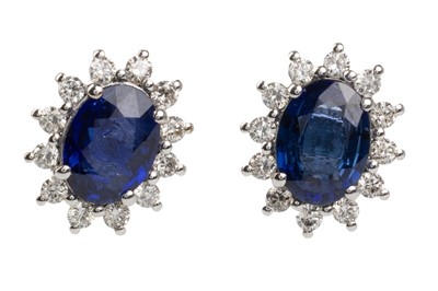 Lot 470 - PAIR OF SAPPHIRE AND DIAMOND CLUSTER EARRINGS