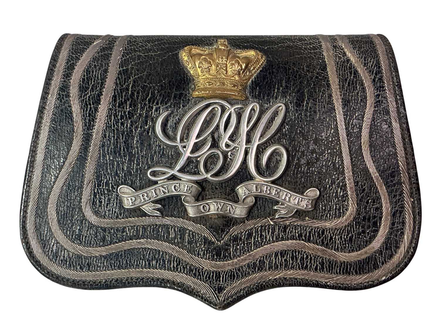 Lot 191 - OFFICER'S BLACK LEATHER EMBROIDERED FLAP POUCH