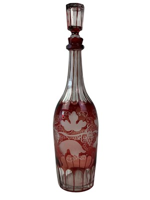 Lot 504 - VICTORIAN RUBY AND CLEAR GLASS DECANTER WITH STOPPER