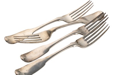 Lot 1193 - FOUR GEORGE III IRISH SILVER TABLE FORKS