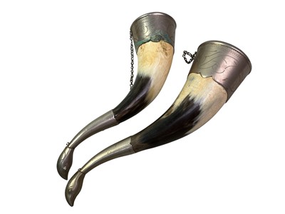 Lot 346 - TWO WHITE METAL MOUNTED DRINKING HORNS
