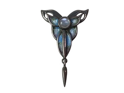 Lot 407 - SILVER ENAMEL AND MOONSTONE BROOCH
