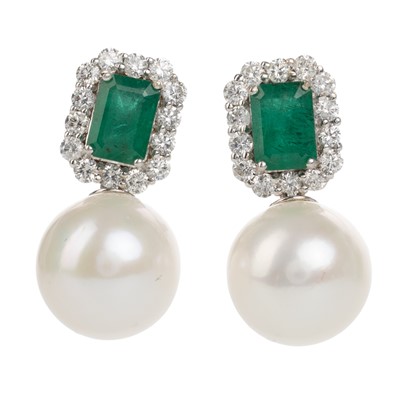 Lot 406 - PAIR OF PEARL, EMERALD AND DIAMOND EARRINGS