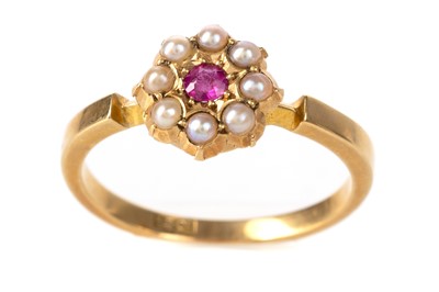 Lot 617 - RUBY AND SEED PEARL CLUSTER RING