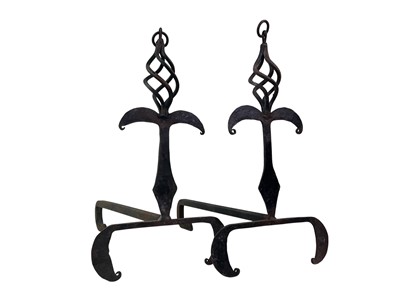 Lot 381 - PAIR OF WROUGHT IRON FIRE DOGS