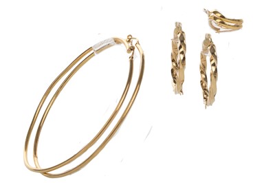 Lot 622 - THREE PAIRS OF GOLD HOOP EARRINGS