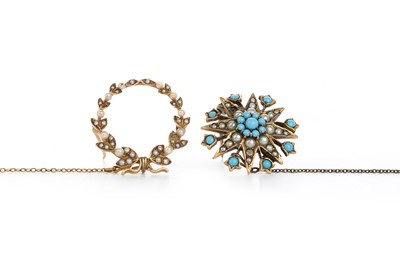 Lot 645 - EDWARDIAN TURQUOISE AND PEARL BROOCH