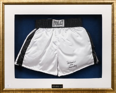 Lot 1754 - MUHAMMAD ALI, SIGNED PAIR OF EVERLAST BOXING TRUNKS