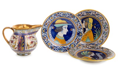 Lot 1379 - ITALIAN MAJOLICA JUG AND THREE PLAQUES