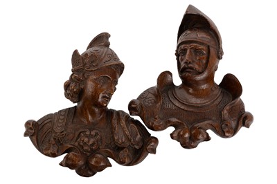 Lot 1392 - PAIR OF VICTORIAN CARVED OAK WALL MOUNTING FIGURAL BUSTS
