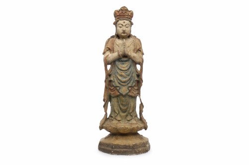 Lot 522 - 20TH CENTURY CHINESE PAINTED WOOD FIGURE OF...