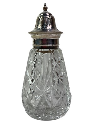 Lot 364 - GEORGE V SILVER AND GLASS SUGAR CASTER