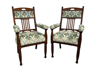 Lot 375 - PAIR OF EDWARDIAN ART NOUVEAU OAK ELBOW CHAIRS
