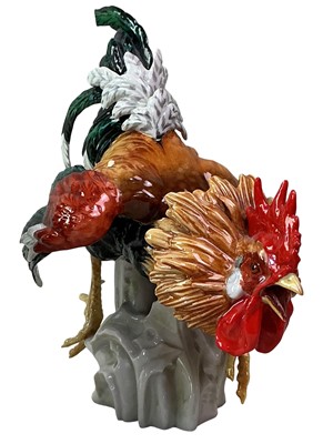 Lot 421 - TWO SPANISH PORCELAIN COCKEREL FIGURES