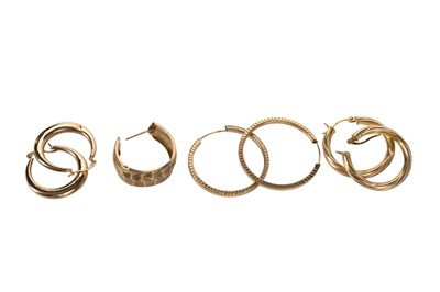 Lot 714 - THREE PAIRS OF GOLD HOOP EARRINGS