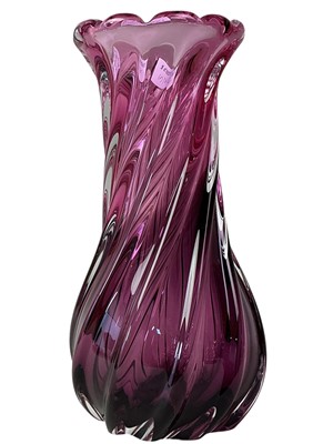 Lot 607 - RETRO LOZENGE CUT RUBY TINTED GLASS VASE