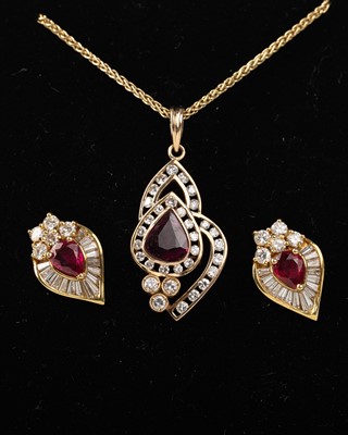 Lot 735 - RUBY AND DIAMOND PENDANT AND A PAIR OF EARRINGS