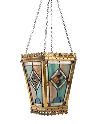 Lot 1357 - VICTORIAN SQUARE TAPERING BRASS FRAMED HALL LANTERN