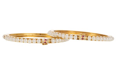 Lot 498A - PAIR OF PEARL, RUBY AND WHITE SAPPHIRE BANGLES