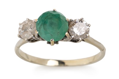 Lot 408 - EMERALD AND DIAMOND THREE STONE RING