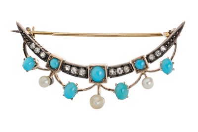 Lot 415 - VICTORIAN TURQUOISE, PEARL AND DIAMOND BROOCH