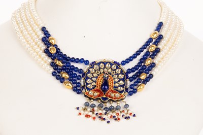 Lot 418 - ORNATE MIDDLE EASTERN PEARL AND ENAMELLED NECKLACE AND EARRING SET