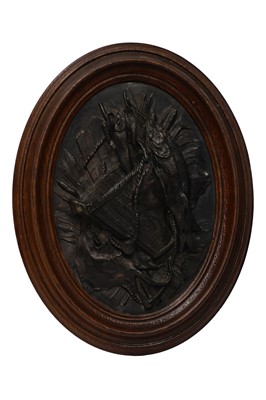 Lot 1565 - VICTORIAN BRONZED CAST METAL 'HUNTING' OVAL PLAQUE