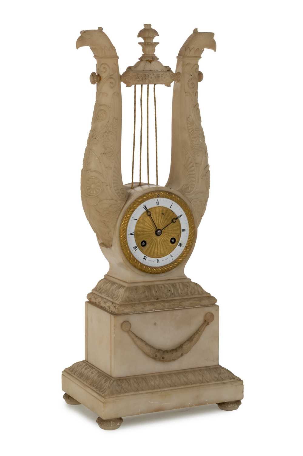 Lot 1016 - FRENCH EMPIRE STYLE ALABASTER MANTEL CLOCK
