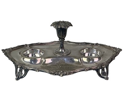 Lot 378 - LATE VICTORIAN SILVER PLATED DESK INKSTAND