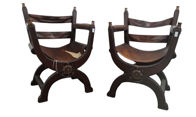Lot 366 - PAIR OF STUDDED LEATHER X FRAMED ARMCHAIRS