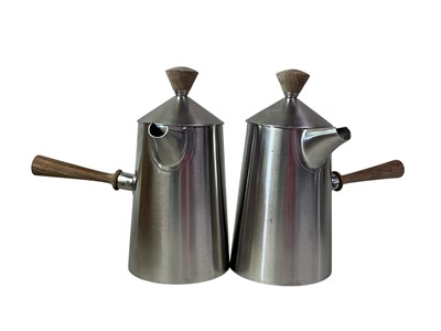 Lot 459 - TWO WHITE METAL HOT CHOCOLATE POTS