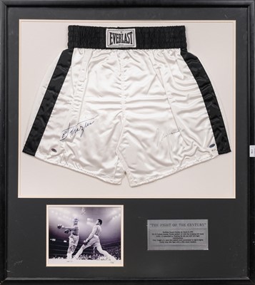 Lot 1758 - BOXING INTEREST: MUHAMMED ALI AND JOE FRAZIER SIGNED BOXING TRUNKS