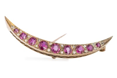 Lot 467 - VICTORIAN RUBY AND DIAMOND CRESCENT MOON BROOCH