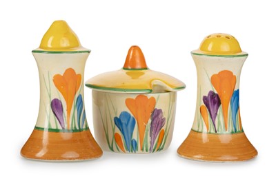 Lot 1596 - CLARICE CLIFF THREE PIECE CRUET SET