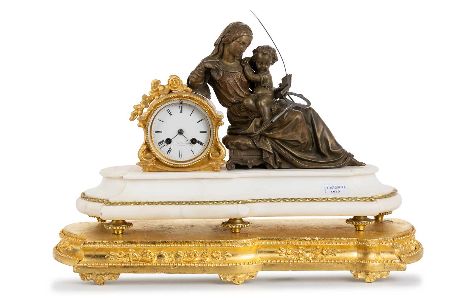 Lot 1033 - FRENCH GILTMETAL AND ALABASTER MANTEL CLOCK