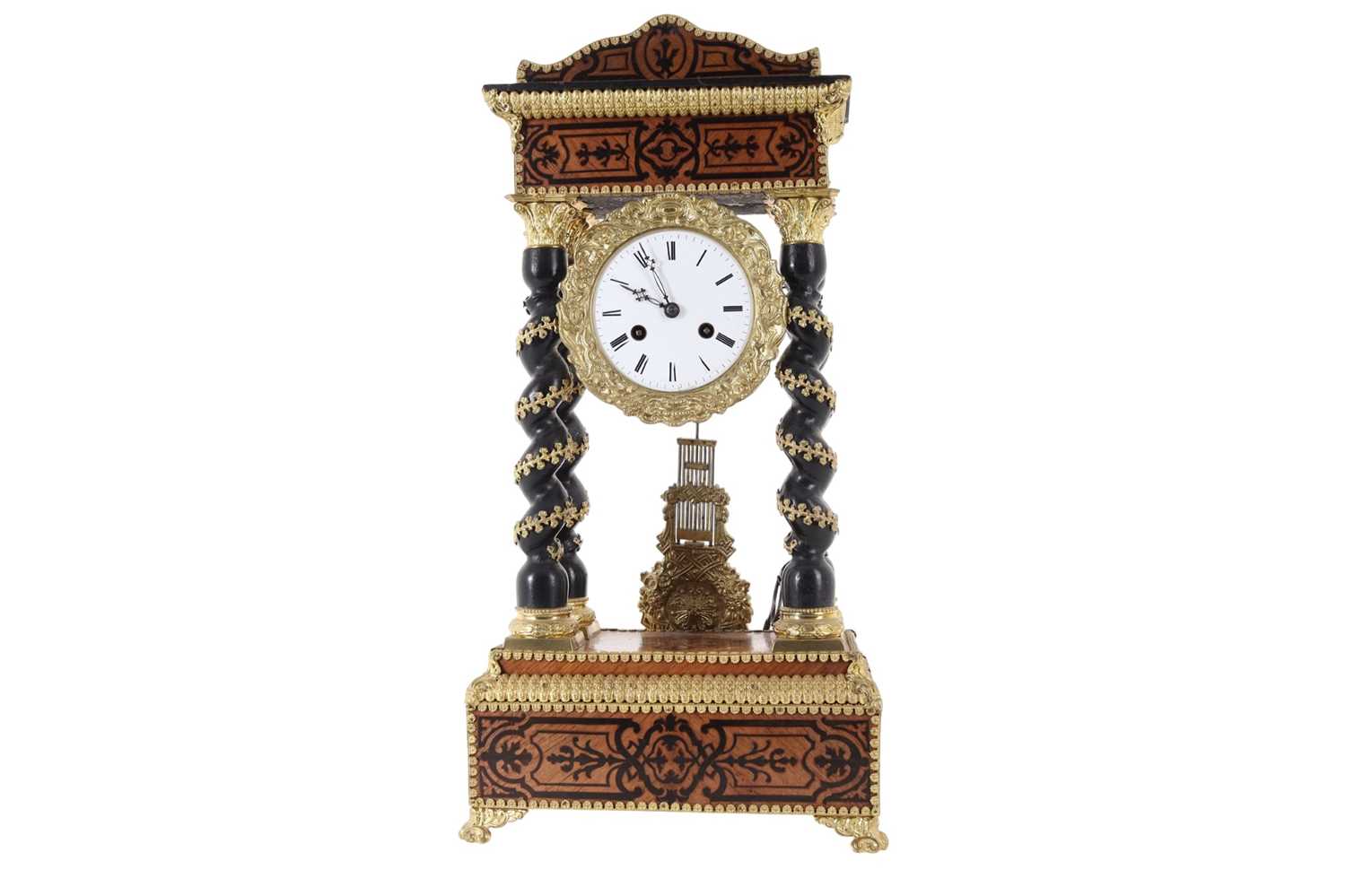 Lot 1034 - FRENCH INLAID AND EBONISED PORTICO MANTEL CLOCK