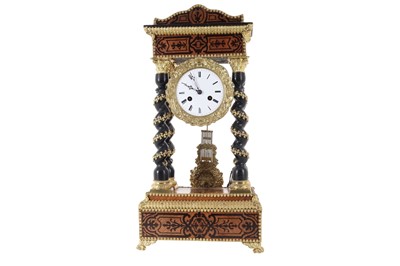 Lot 1034 - FRENCH INLAID AND EBONISED PORTICO MANTEL CLOCK