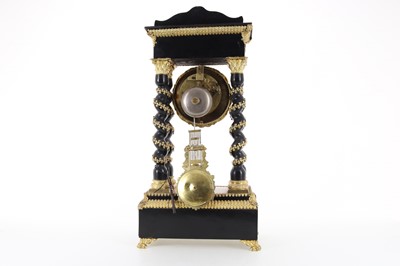 Lot 1034 - FRENCH INLAID AND EBONISED PORTICO MANTEL CLOCK
