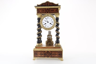 Lot 1034 - FRENCH INLAID AND EBONISED PORTICO MANTEL CLOCK