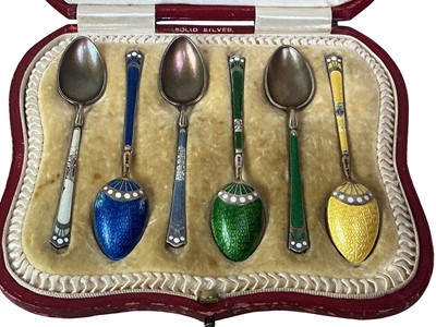 Lot 685 - SET OF SIX SILVER AND ENAMEL TEASPOONS