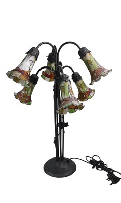 Lot 838 - THREE TIFFANY STYLE TABLE LAMPS