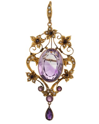 Lot 462 - EDWARDIAN AMETHYST AND SEED PEARL BROOCH PENDANT