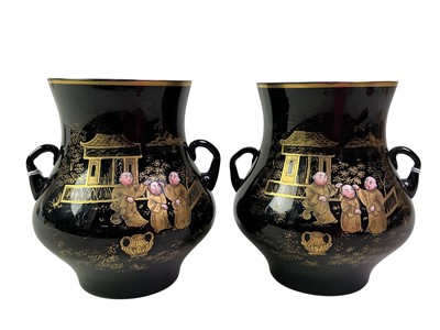 Lot 269 - PAIR OF BOHEMIAN BLACK AMETHYST ENAMELLED VASES