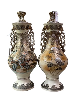 Lot 290 - PAIR OF JAPANESE SATSUMA STYLE LIDDED VASES