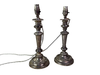 Lot 479 - PAIR OF SILVER PLATED CANDLESTICK LAMPS
