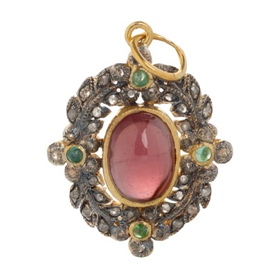 Lot 519 - RHODOLITE GARNET, EMERALD AND DIAMOND PENDANT
