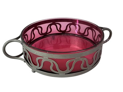 Lot 608 - CONTINENTAL ART NOUVEAU PEWTER AND CRANBERRY GLASS BOWL
