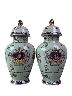 Lot 707 - PAIR OF CERAMIC LIDDED VASES